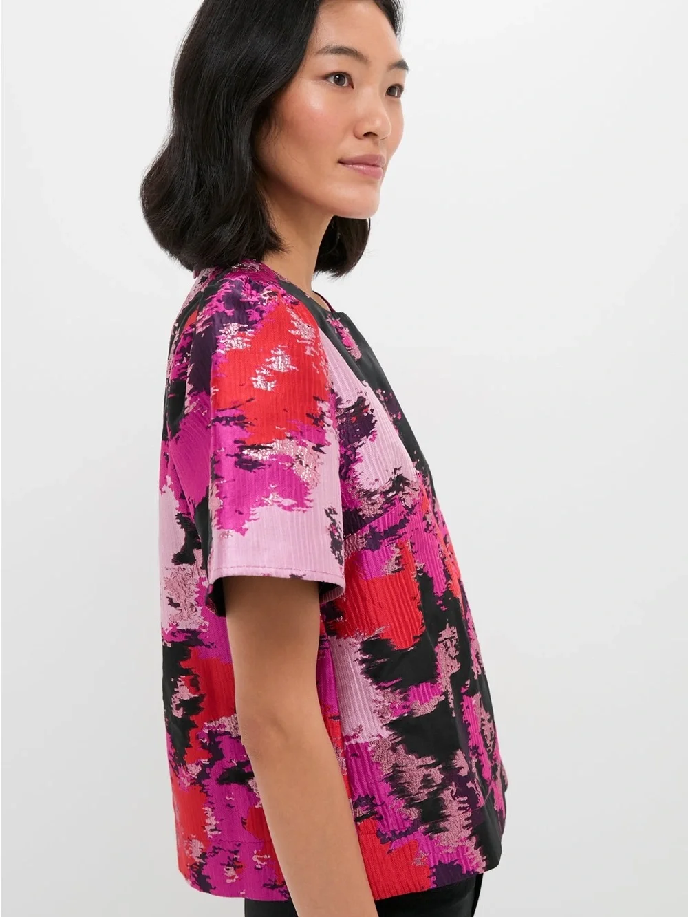 Tuckernuck Pomander Place Lyla Jacquard Puff Sleeve Blouse Pink Red Lurex S